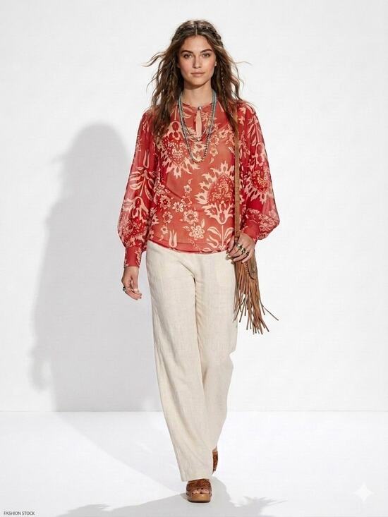 Liu Jo Tops - LIU JO Top IT44 US8 UK12 M Silk Blend Long Sleeves Red Blouse Boho Chic Romantic